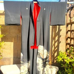 VINTAGE JAPANESE HANDSTITCHED TRADITIONAL SILK KIMONO ROBE HAND PAINTED